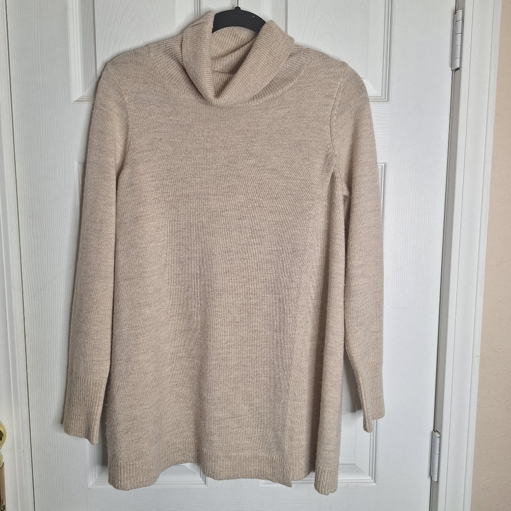 Eileen Fisher Oversized Flap Front Neutral Wool Yak Alpaca Cowl Neck Sweater